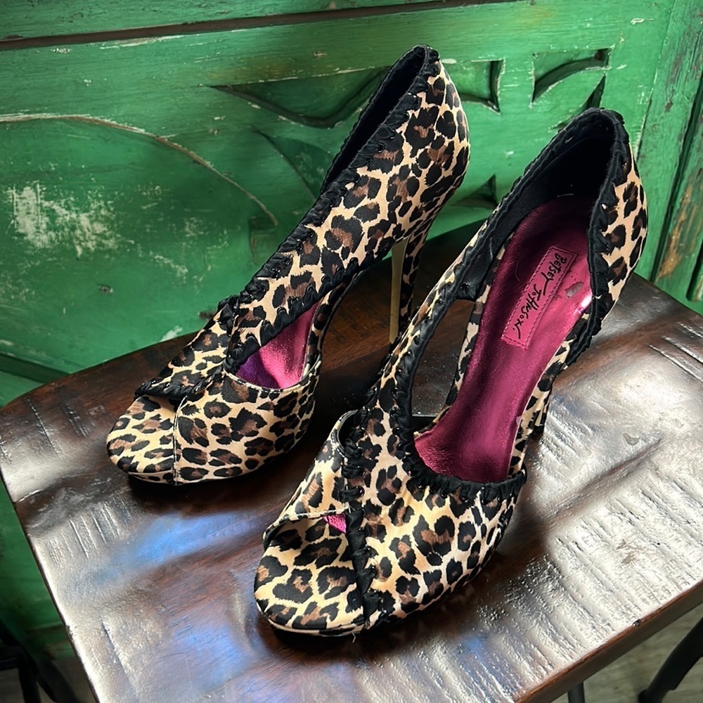 Betsey Johnson Leopard Print Peep-Toe Heels with Pink Insole